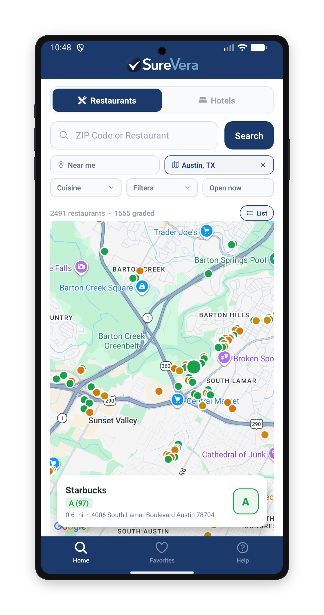 Map view with grade-colored pins